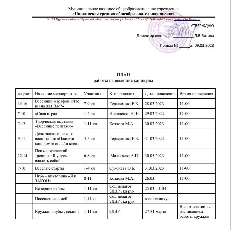 План работы на весенние каникулы